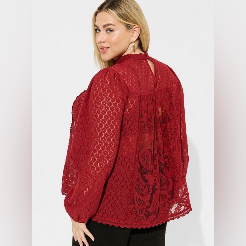 Torrid Mixed Lace High Neck Top Blouse Size 1X Plus Size Victorian Whimsical Red - Picture 2 of 12